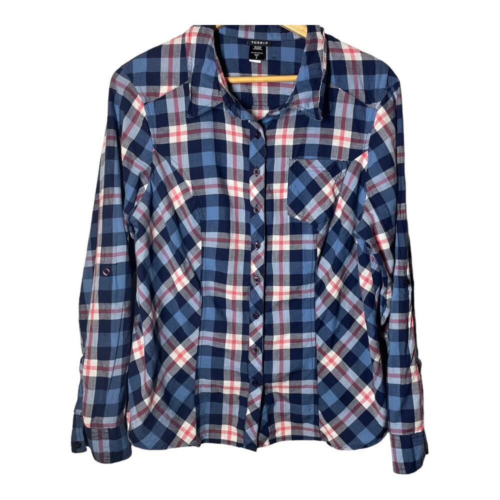 Torrid Blue Plaid Long Sleeve Button Front Shirt Top 1X Western Rodeo XL